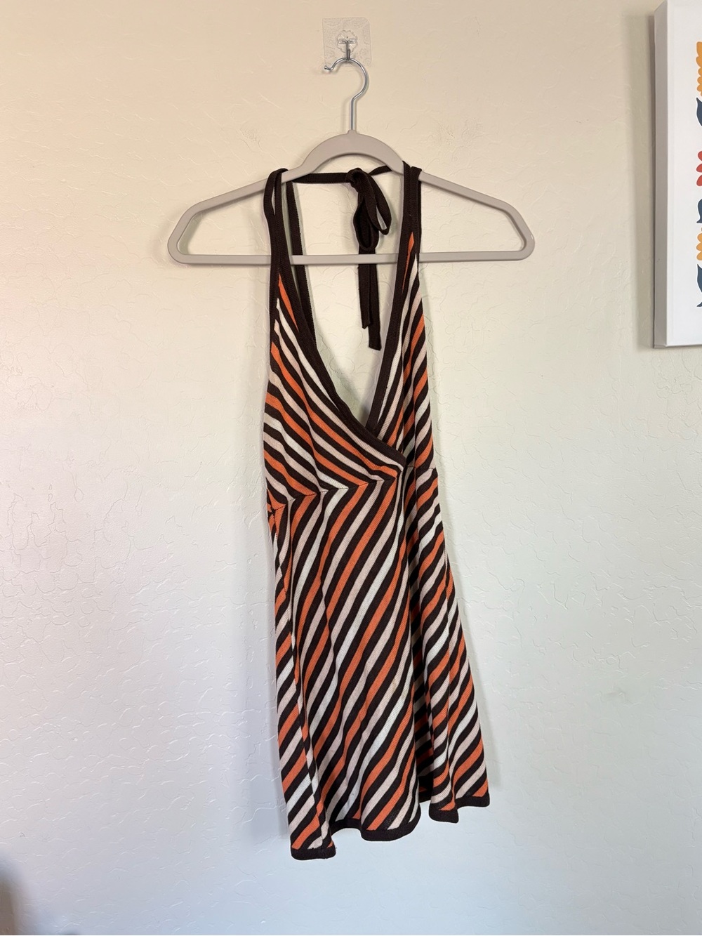 Arden B Vintage Y2K Silk Halter Top L Orange Brown Striped Faux Wrap 70s